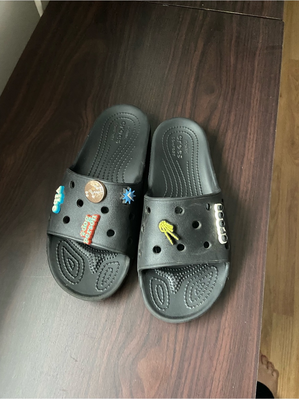 CROCS Black Slide Sandals with Colorful Jibbitz Charms